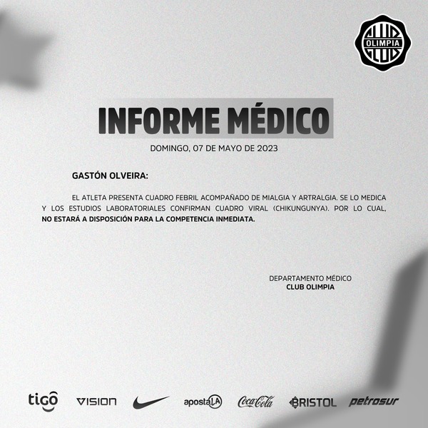 Gastón Olveira es baja en Olimpia por chikungunya | 1000 Noticias