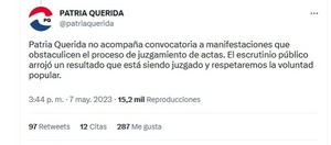 Patria Querida rechaza protestas que obstaculicen conteo de votos - ADN Digital