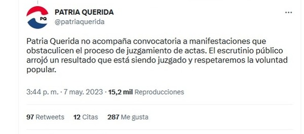 Patria Querida rechaza protestas que obstaculicen conteo de votos - ADN Digital