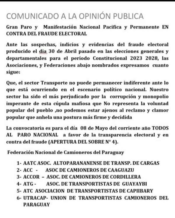 Federación de Camioneros del Paraguay anuncia paro a nivel nacional - Noticde.com