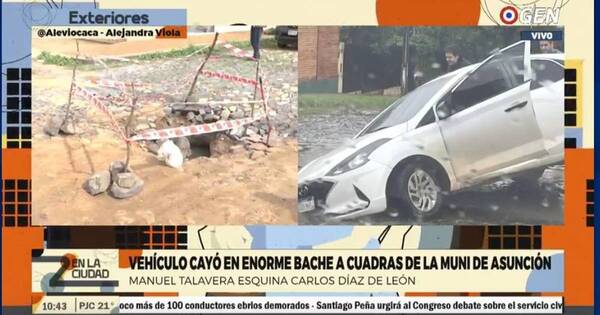 La Nación / Vehículo cayó en un enorme bache en Asunción