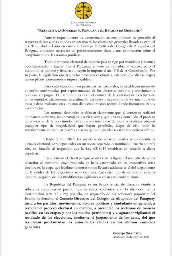 La ley no contempla recuento de votos, dice Colegio de Abogados | 1000 Noticias
