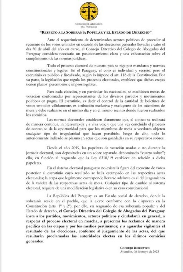 El Colegio de Abogados dio a conocer un dictamen sobre las elecciones