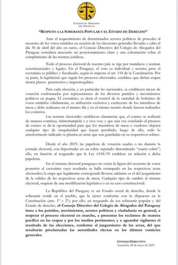 El Colegio de Abogados dio a conocer un dictamen sobre las elecciones