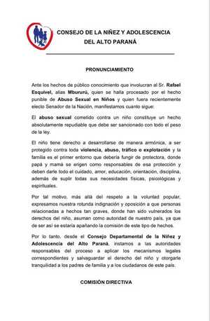 Consejo Departamental de la Niñez y Adolescencia del Alto Paraná se pronuncia respecto a los hechos de Abuso Sexual en Niños que involucran al Sr. Rafael Esquivel, alias Mbururú. - Noticde.com