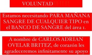Necesitan sangre para víctima de accidente rutero