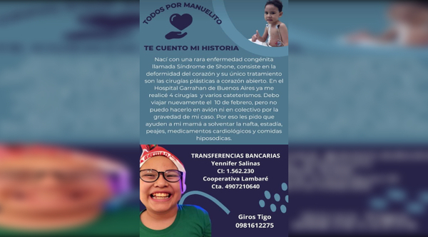 Diario HOY | Manuelito nuevamente apela a la ayuda solidaria para viajar a Argentina
