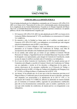 EBY asegura no ser parte del conflicto entre Consorcio y trabajadores | 1000 Noticias