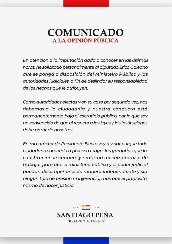 Peña pide a Erico Galeano que se ponga a disposición de la Fiscalía - El Trueno