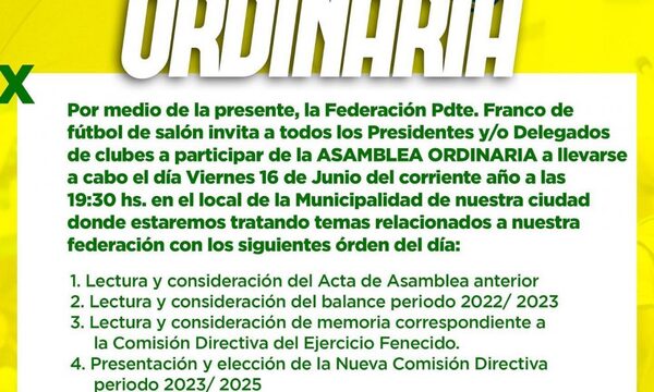 Franco: convocan a asamblea para rendición de cuentas y elección de nuevas autoridades