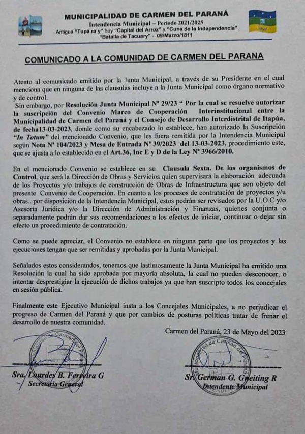 CONCEJALES DE CARMEN DEL PARANÁ SE OPONEN A OBRAS QUE HABÍAN APROBADO POR UNANIMIDAD