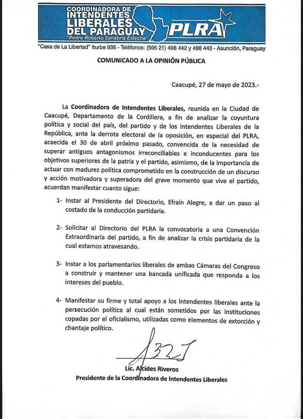 Mayoría de intendentes liberales piden a Efraín Alegre dar un paso al costado como presidente del PLRA - El Trueno