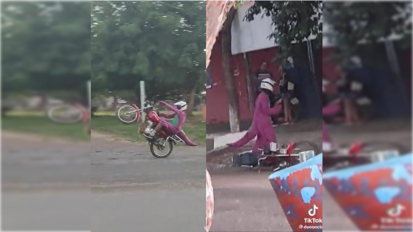 “Te quiero yo y tú a ¡plef!...” Al “Barney wilero” no le salió bien la pirueta moto ári