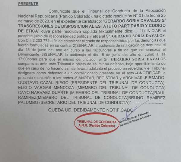 Tribunal de Conducta de la ANR abre sumario a Gerardo Soria