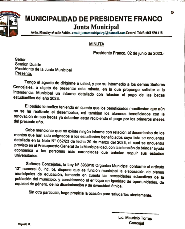 Edil pide informes sobre pago de becas en Presidente Franco - La Clave