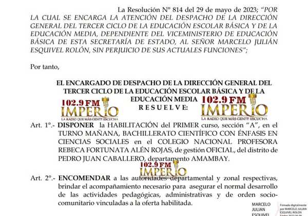 Habilitan apertura del nivel medio en la escuela Rebeca Alen - Radio Imperio