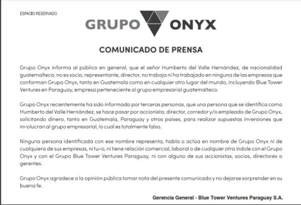 Comunicado del Grupo Onyx - Espacio Reservado - ABC Color