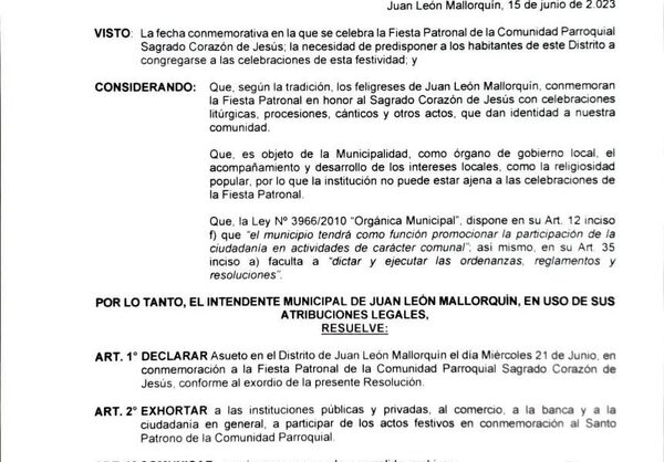 Disponen asueto para el 21 de junio en Mallorquín