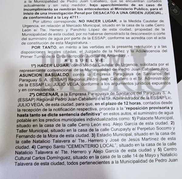 Juez emplaza a la Essap a reponer el suministro de agua potable a la Municipalidad - Radio Imperio