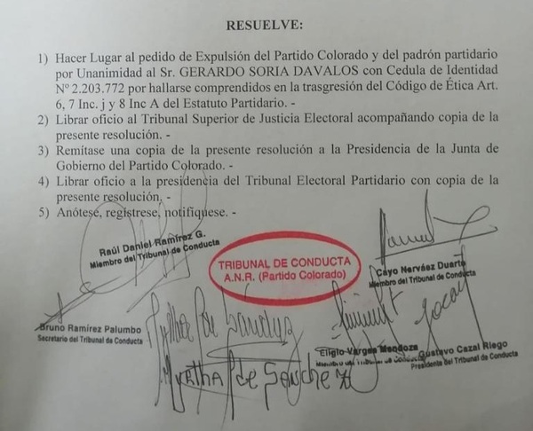 Expulsan a Gerardo Soria del Partido Colorado