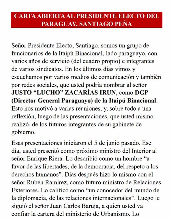 Funcionarios de Itaipú rechazan posible nombramiento de Lucho Zacarías como director general | DIARIO PRIMERA PLANA