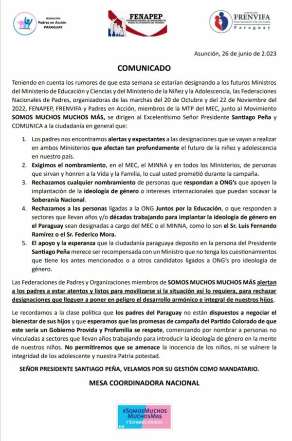 Organizaciones “profamilia” vetan a ONGs progresistas del próximo gabinete