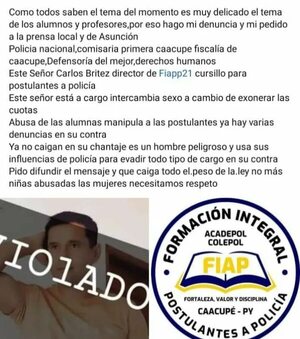 Caacupé: denuncian a director del FIAPP por presunto acoso a jóvenes postulantes a policía - Nacionales - ABC Color