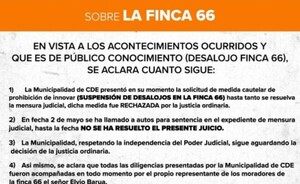 Comuna de CDE aguarda resolución de Justicia Ordinaria sobre Finca 66
