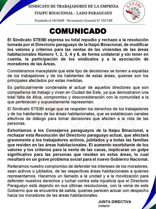 STEIBI rechaza resolución de Itaipú de aumentar valores de viviendas de áreas habitacionales | DIARIO PRIMERA PLANA