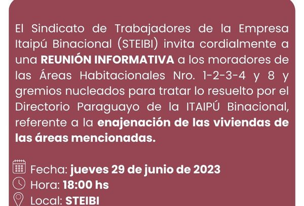 Invitan a reunión informativa sobre venta de viviendas de las Áreas