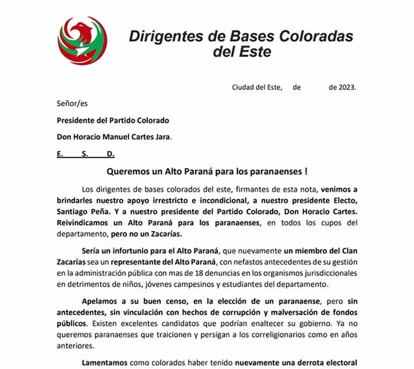 Bases coloradas del Este piden a Cartes que «nefasto» clan Zacarías ya no ocupe cargo público alguno | DIARIO PRIMERA PLANA