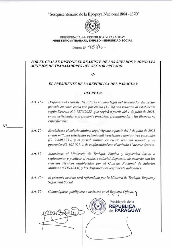 Ejecutivo decreta aumento del salario mínimo