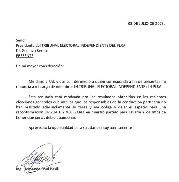 Renuncia miembro del Tribunal Electoral Independiente del PLRA tras fracaso electoral - ADN Digital