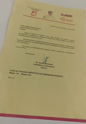 Precandidato colorado a la Intendencia de San Pedro de Ycuamandyyú buscar arrear a funcionarios públicos, enviando notas incluso a jueces    - Nacionales - ABC Color