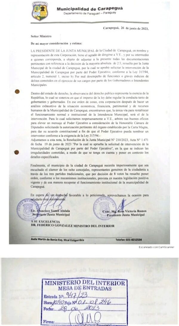 Presentan ante el Ministerio del Interior pedido de intervención de la Municipalidad de Carapeguá - Política - ABC Color