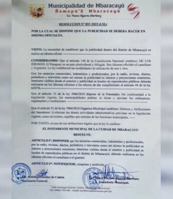 Intendente de Mbaracayú prohíbe publicidades en portugués