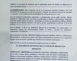 Comuna de Mbaracayu dispone el fin de publicidad en portugués
