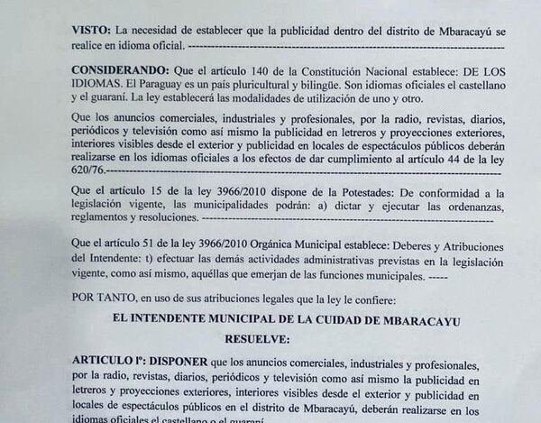 Comuna de Mbaracayu dispone el fin de publicidad en portugués
