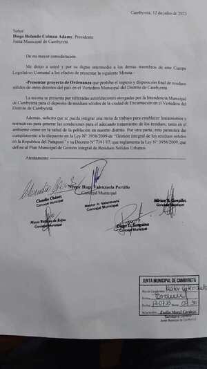 CONCEJALES SOLICITAN PROHIBIR INGRESO DE RESIDUOS DE OTROS DISTRITOS AL VERTEDERO DE CAMBYRETÁ