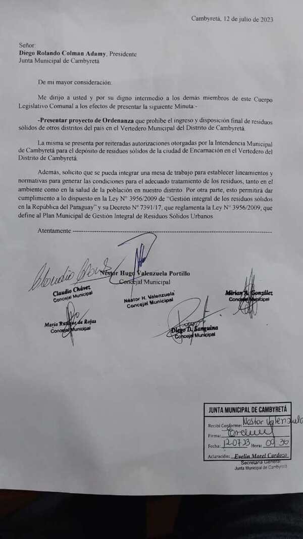 CONCEJALES SOLICITAN PROHIBIR INGRESO DE RESIDUOS DE OTROS DISTRITOS AL VERTEDERO DE CAMBYRETÁ
