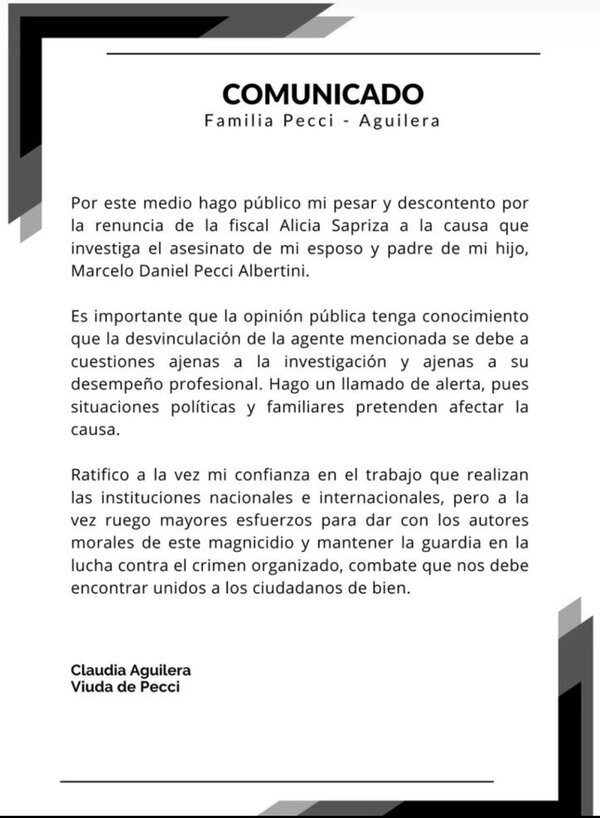 Renuncia fiscal que investiga asesinato de Pecci y viuda advierte que situaciones políticas pueden afectar la causa - El Trueno