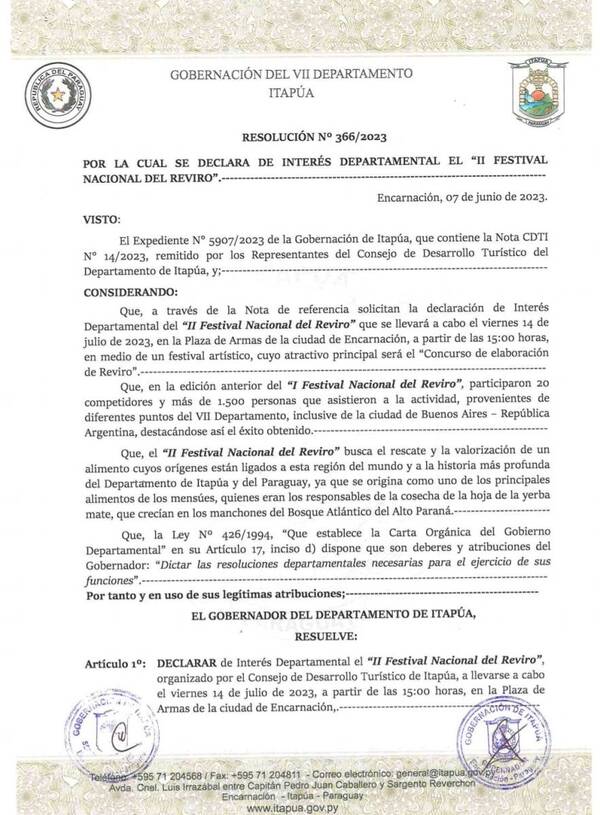 DECLARAN DE INTERÉS MUNICIPAL Y DEPARTAMENTAL EL SEGUNDO FESTIVAL NACIONAL DEL REVIRO
