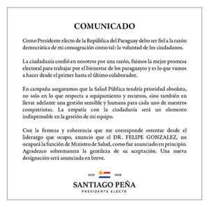Peña decide no designar al Dr. Felipe González como ministro de Salud