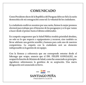 Santiago Peña desiste de nombrar a Felipe González como ministro de Salud » San Lorenzo PY