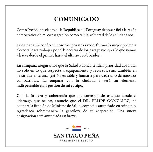 Santiago Peña desiste de nombrar a Felipe González como ministro de Salud » San Lorenzo PY