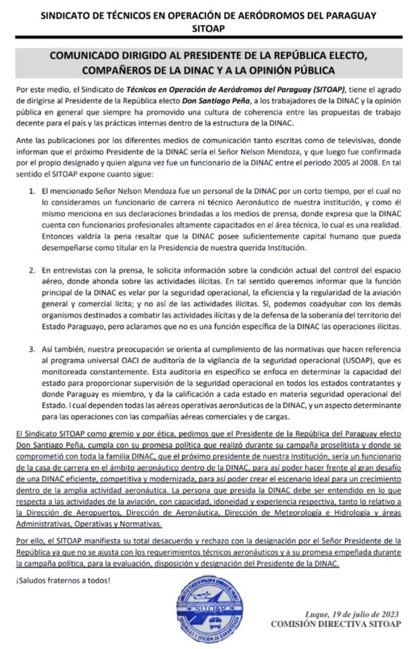 Sindicalistas rechazan a futuro presidente de la Dinac y piden a Peña que cumpla promesa electoral - Nacionales - ABC Color