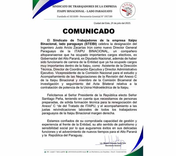 STEIBI celebra designación de Justo Zacarías como director general de Itaipú | DIARIO PRIMERA PLANA