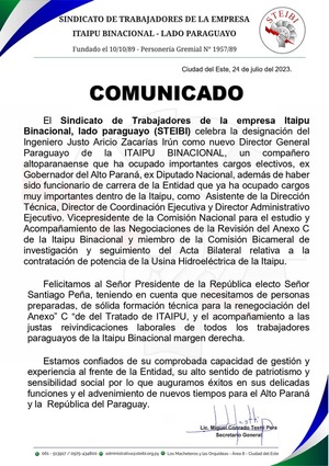 STEIBI celebra designación de Justo Zacarías como Director General Paraguayo de Itaipú