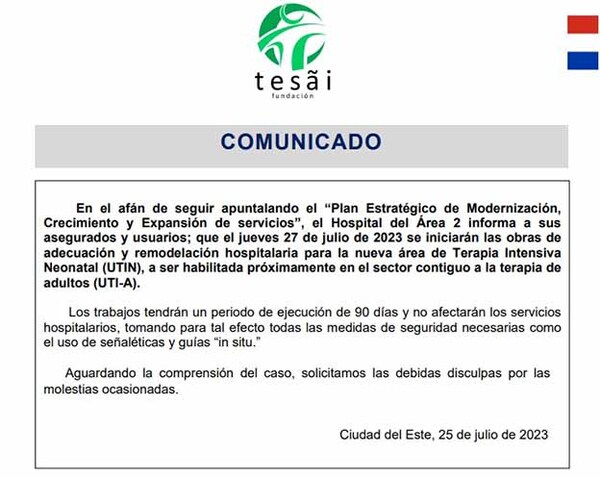 Fundación Tesãi inicia obra de nueva área de Terapia Intensiva Neonatal | DIARIO PRIMERA PLANA