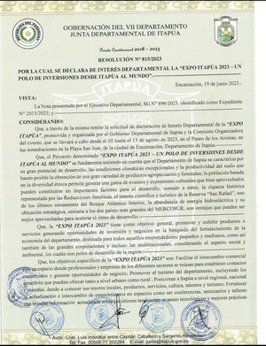 DECLARAN DE INTERÉS DEPARTAMENTAL A LA EXPO ITAPÚA 2023